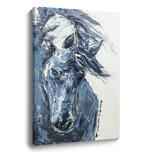 Blue steed wall art, hand-painted oil painting