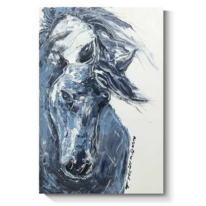 Blue steed wall art, hand-painted oil painting