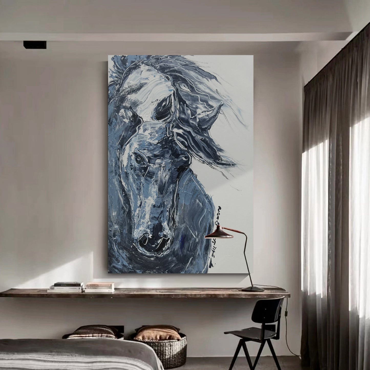 Blue steed wall art, hand-painted oil painting