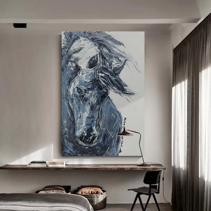 Blue steed wall art, hand-painted oil painting