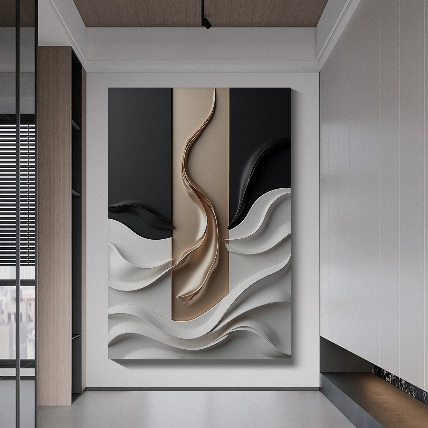 Beige, black and brown wall sculptures, 3D wooden wall art, simple wall-hung home decoration.