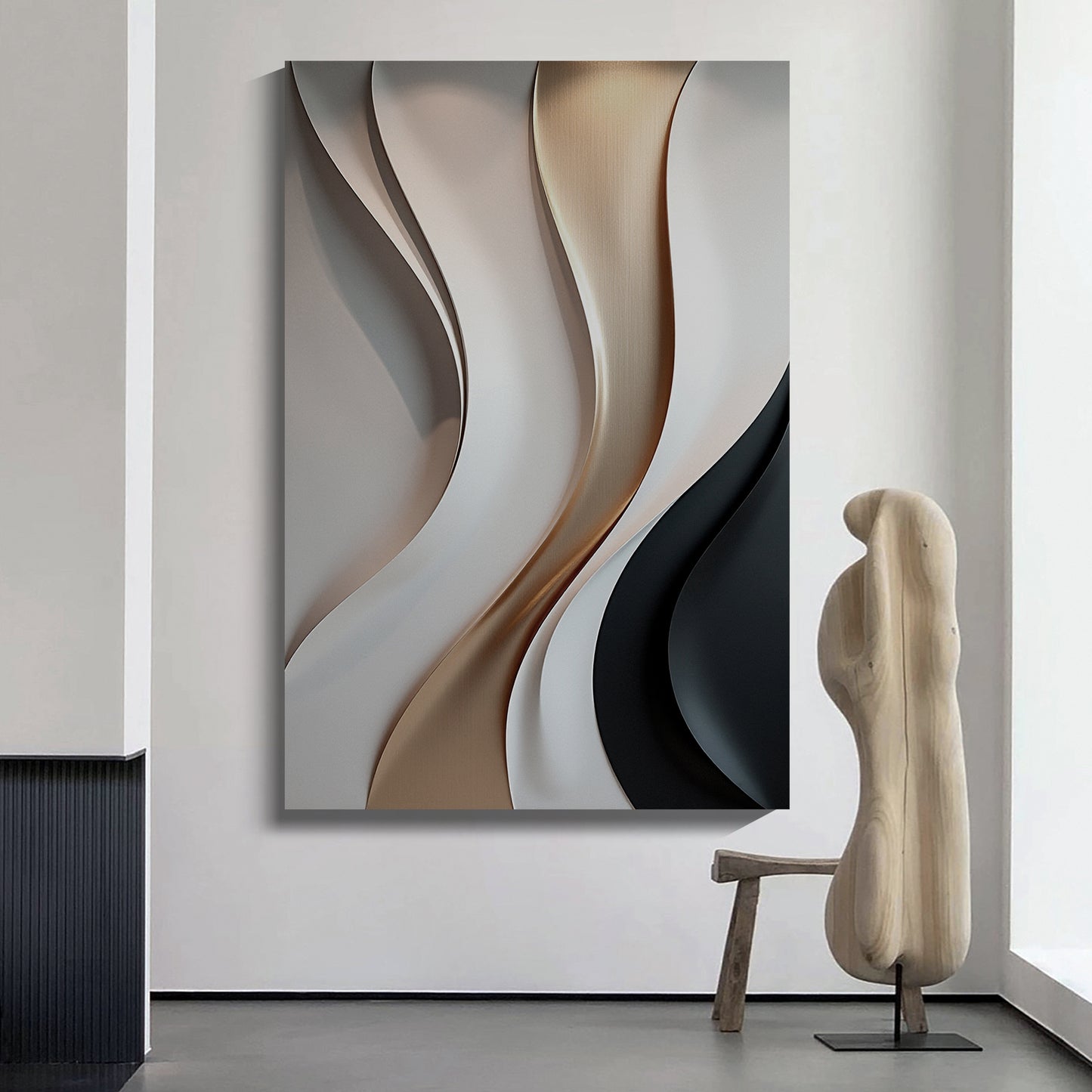 Beige, black and brown wall sculptures, 3D wooden wall art, simple wall-hung home decoration.