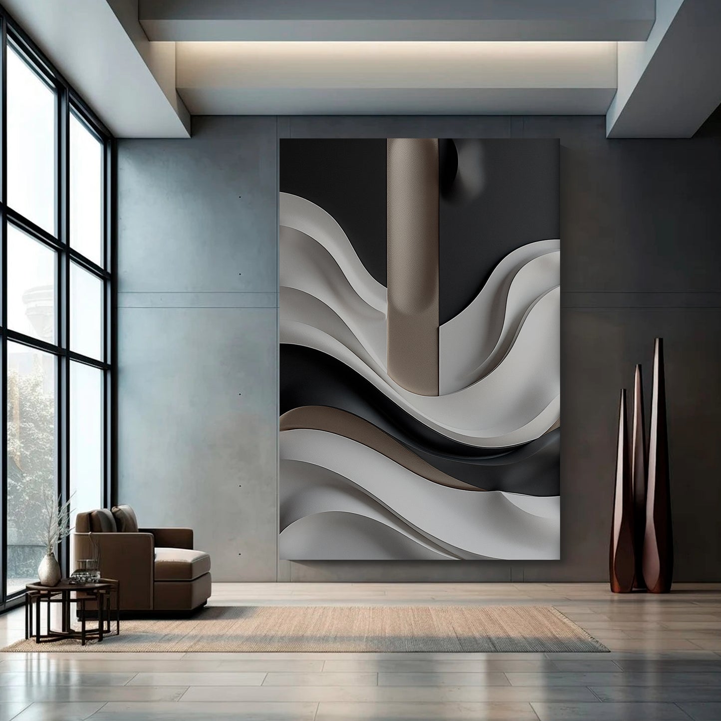 Beige, black and brown wall sculptures, 3D wooden wall art, simple wall-hung home decoration.