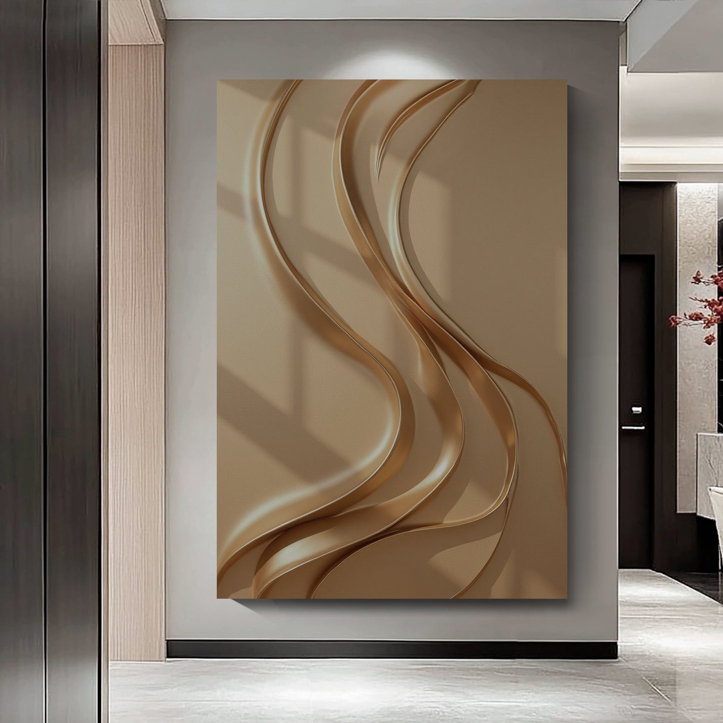 Light brown wall sculpture, 3D wooden wall art, simple wall-mounted home decoration.