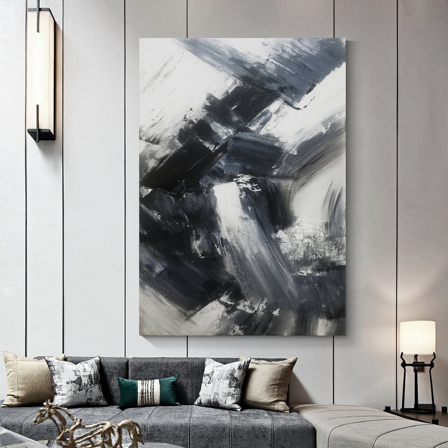 Black, white and gray simple wall art, hand-painted oil painting