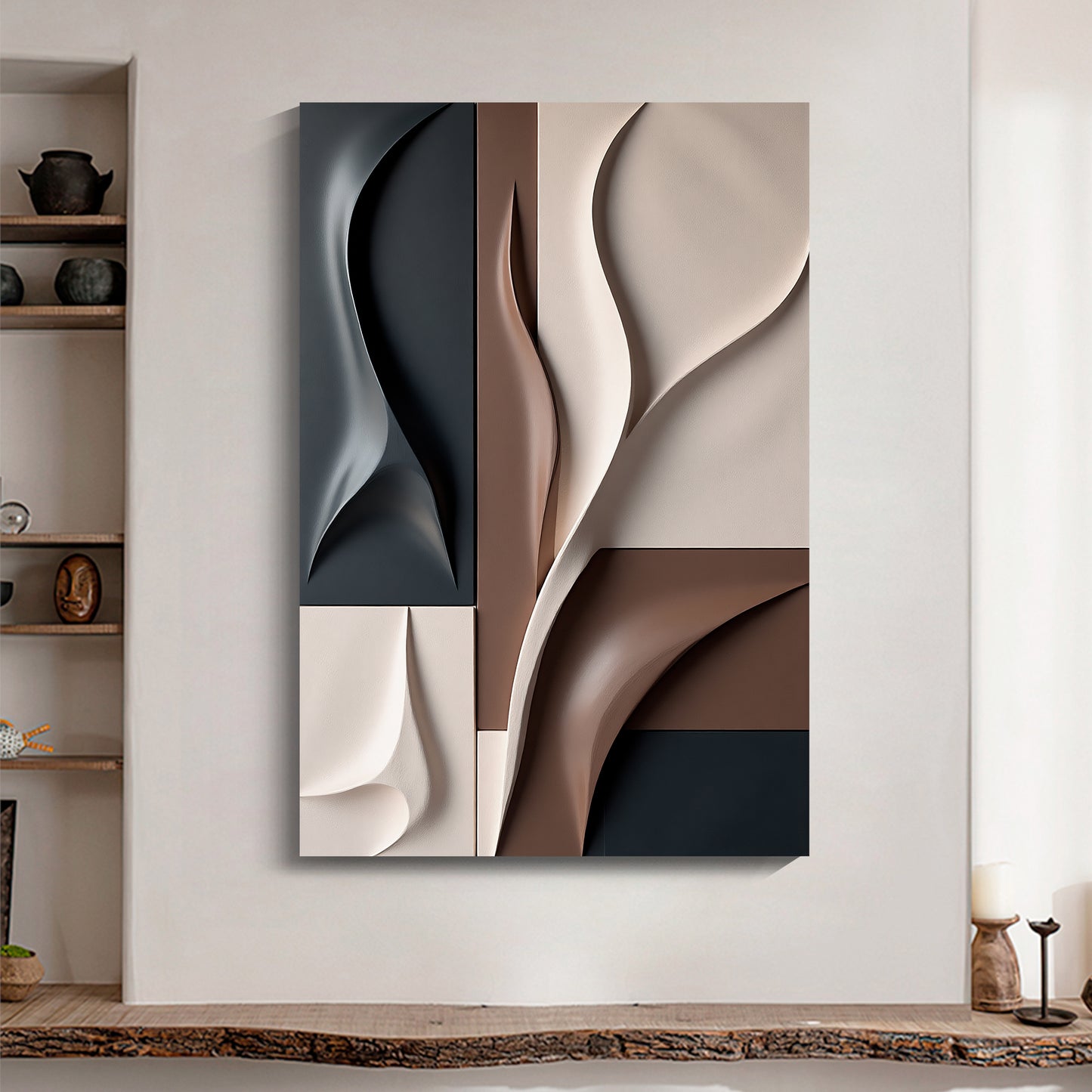 Beige and Brown dark green Wall Sculptures, 3D Wood Wall Art, Minimalist Wall Hanging Home Decor