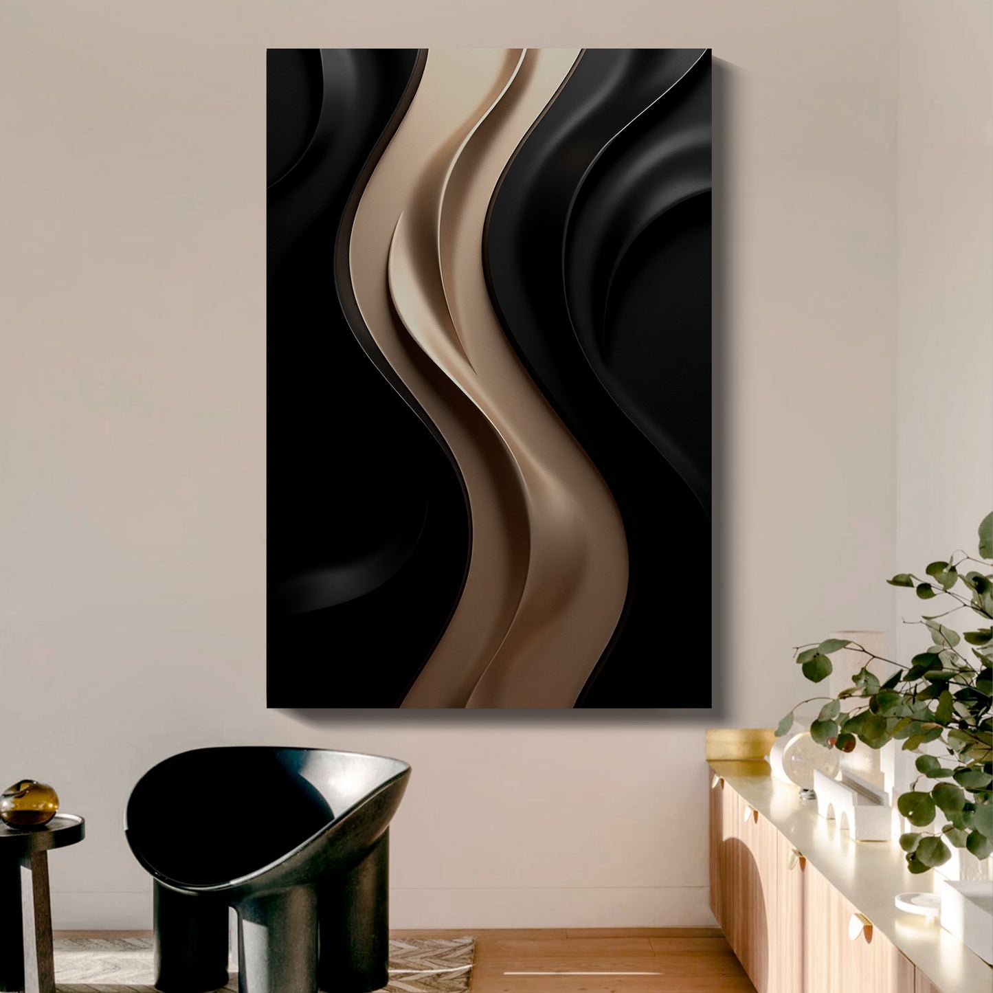 Black and brown wall sculpture, 3D wooden wall art, simple wall decoration.