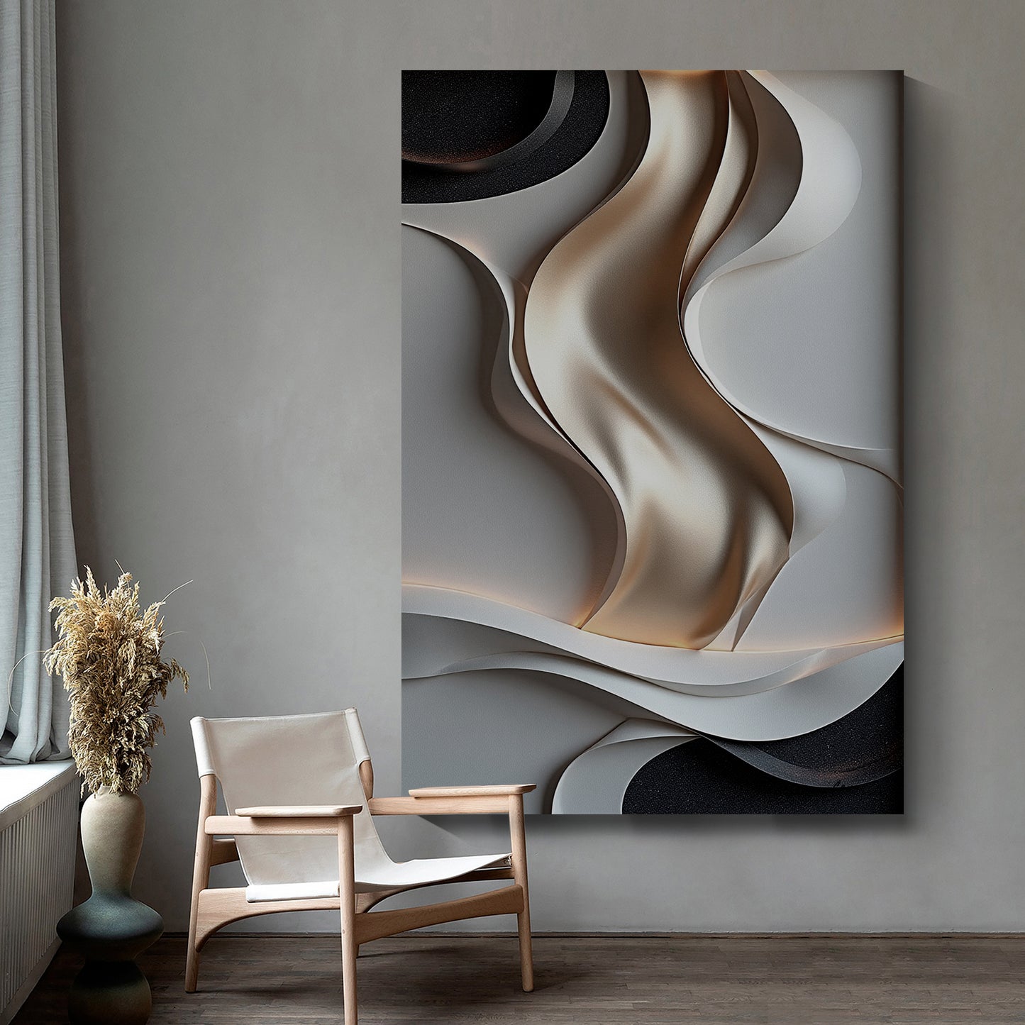 Beige, black and brown wall sculptures, 3D wooden wall art, simple wall-hung home decoration.