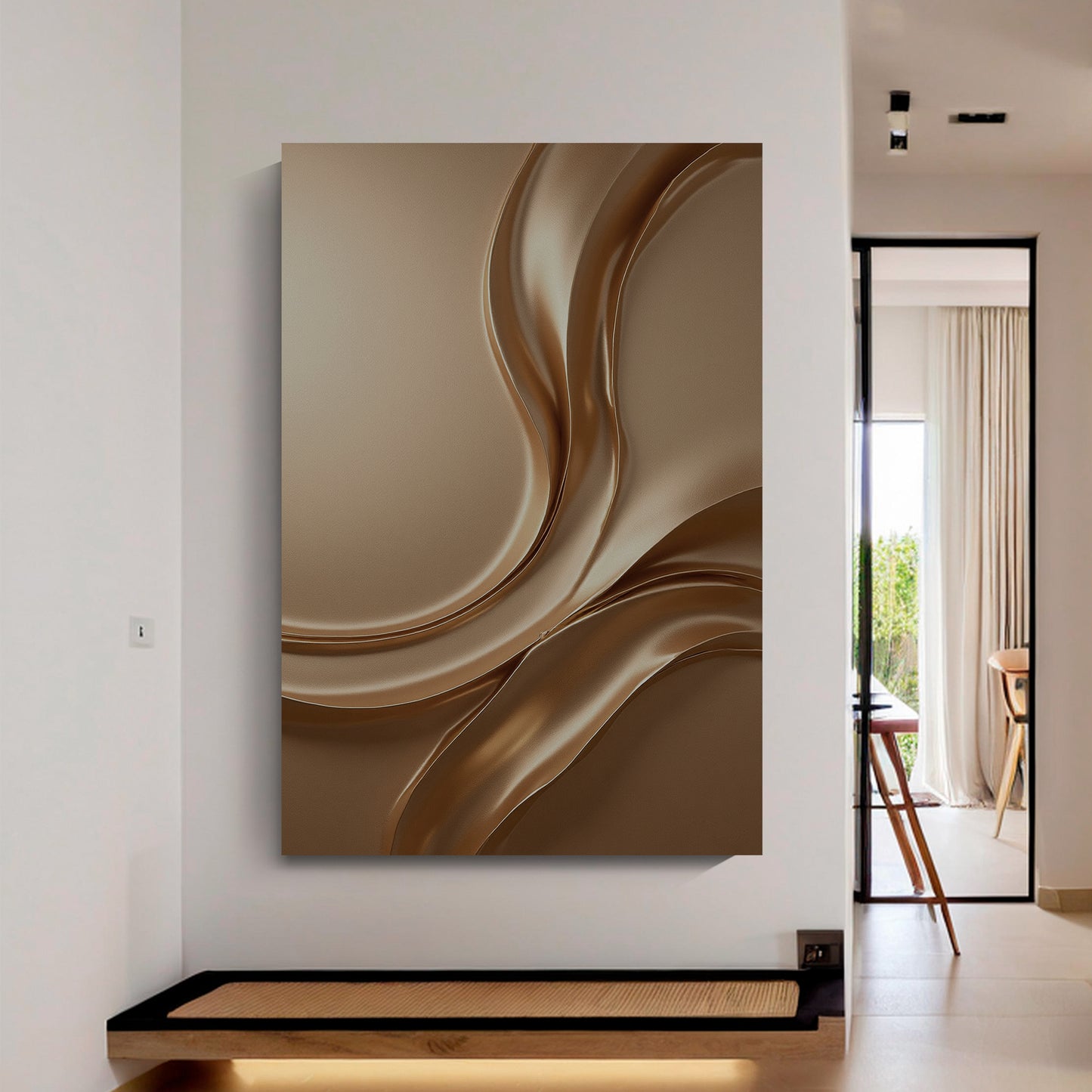 Light brown wall sculpture, 3D wooden wall art, simple wall-mounted home decoration.