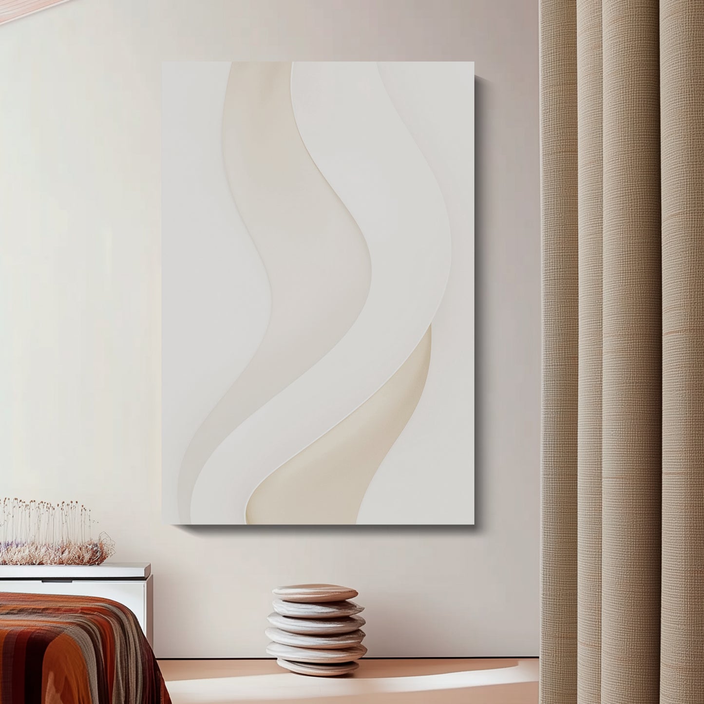 Beige and white wall sculptures, 3D wooden wall art, simple wall-mounted home decoration.