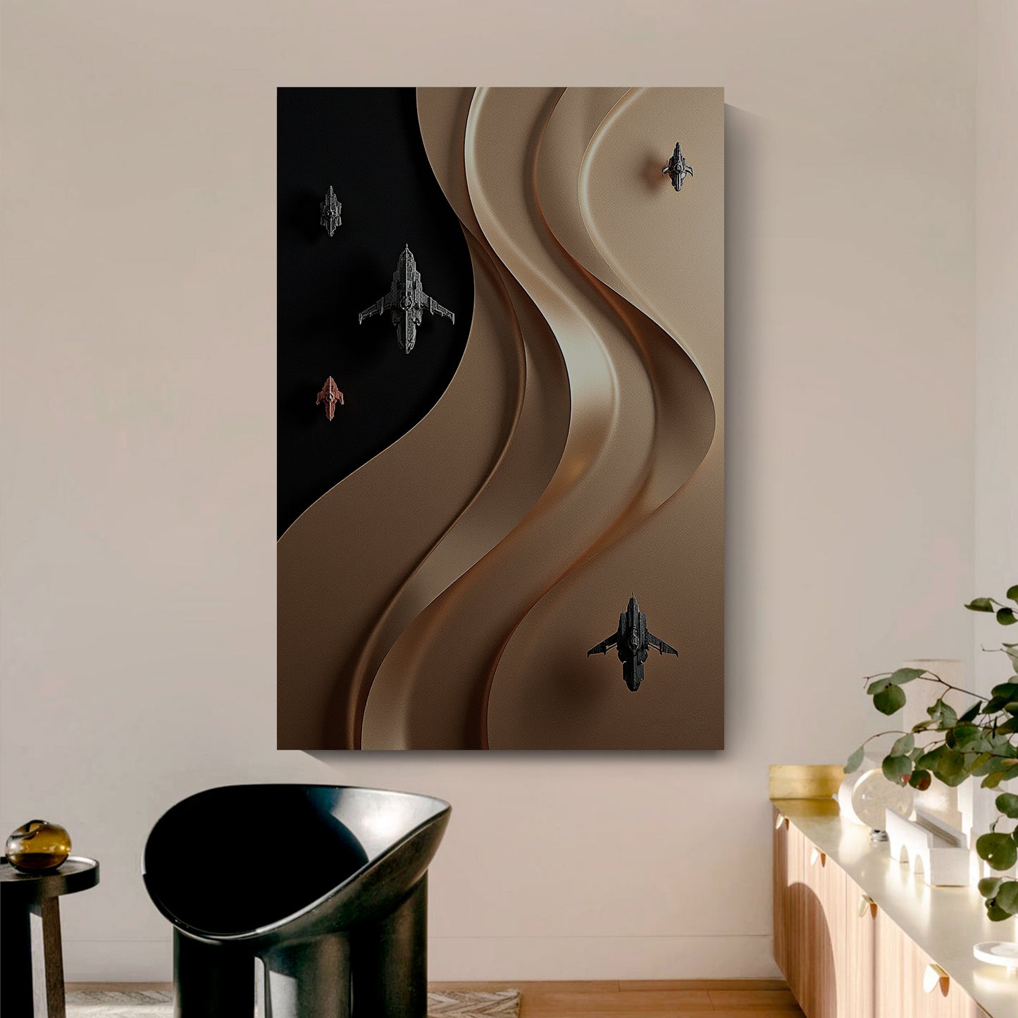 Black and brown wall sculpture, 3D wooden wall art, simple wall decoration.