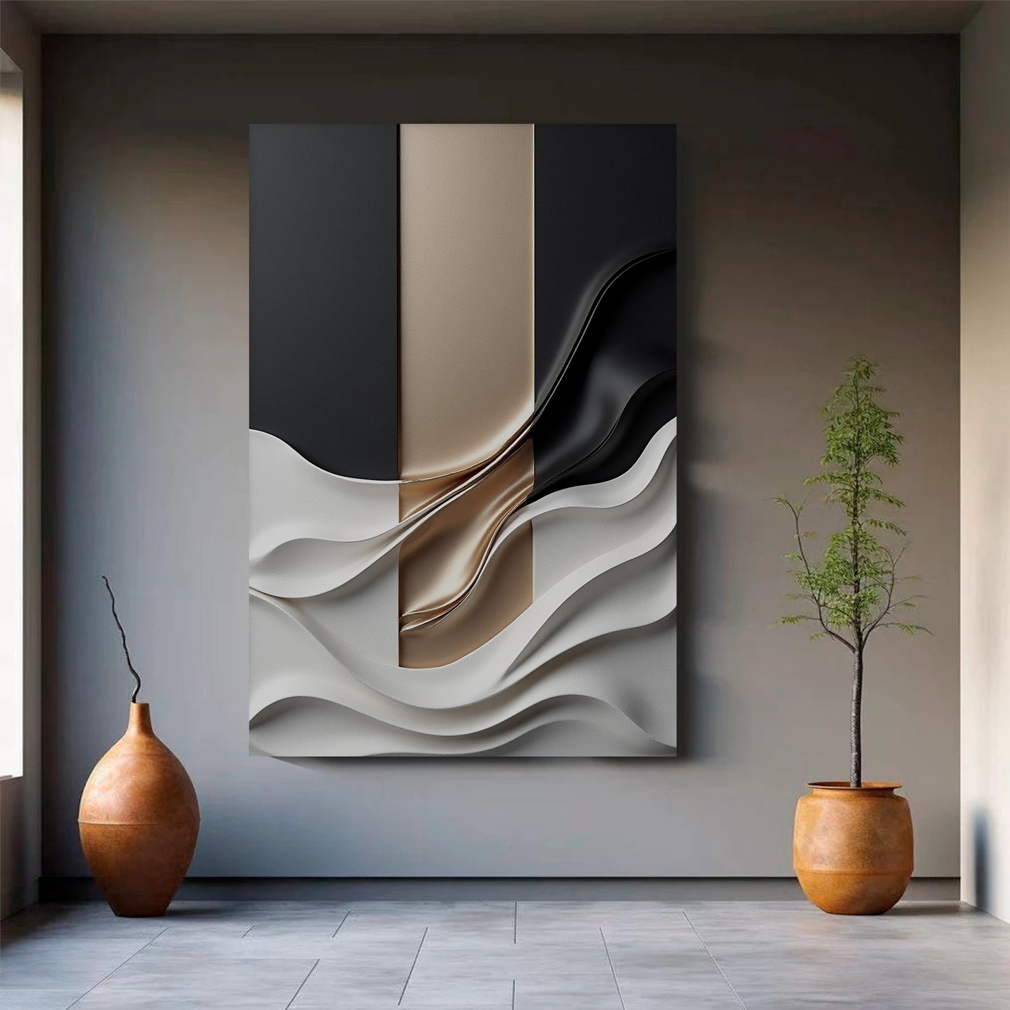 Beige, black and brown wall sculptures, 3D wooden wall art, simple wall-hung home decoration.