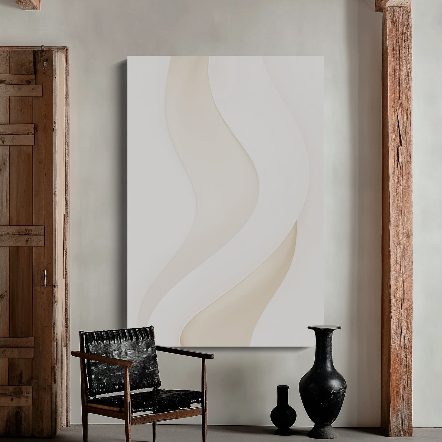 Beige and white wall sculptures, 3D wooden wall art, simple wall-mounted home decoration.