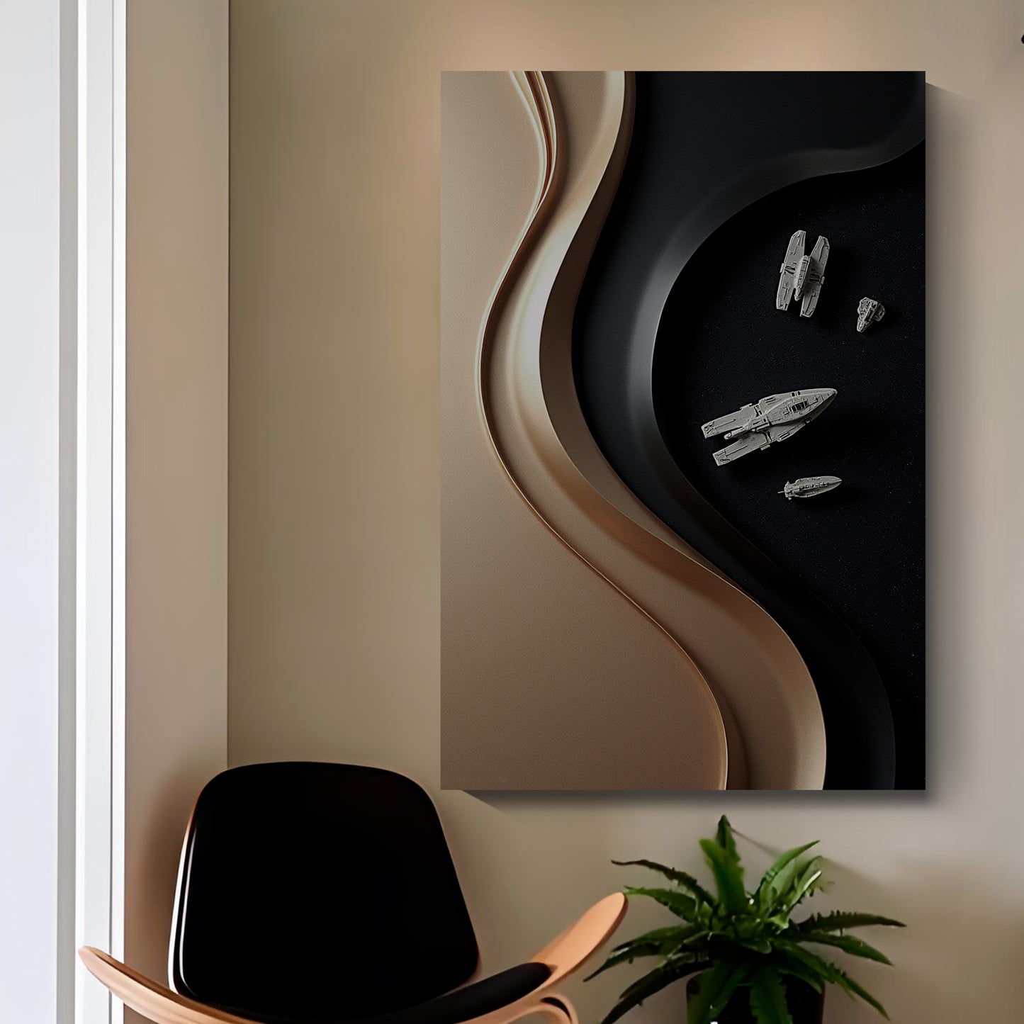 Black and brown wall sculpture, 3D wooden wall art, simple wall decoration.