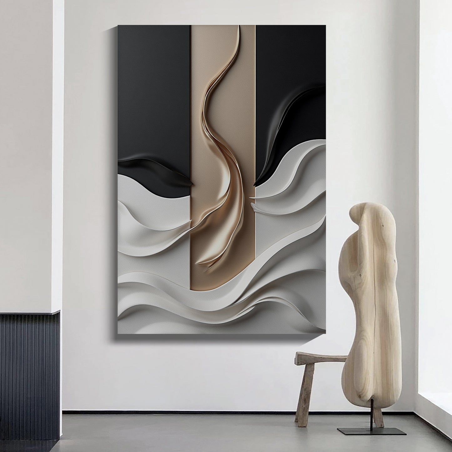 Beige, black and brown wall sculptures, 3D wooden wall art, simple wall-hung home decoration.