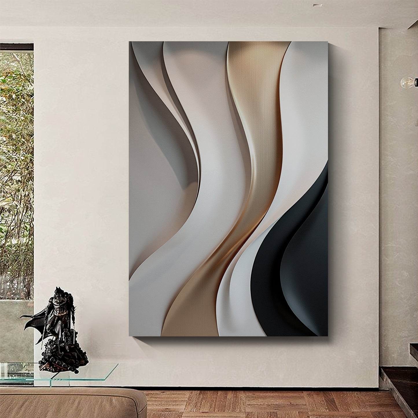 Beige, black and brown wall sculptures, 3D wooden wall art, simple wall-hung home decoration.