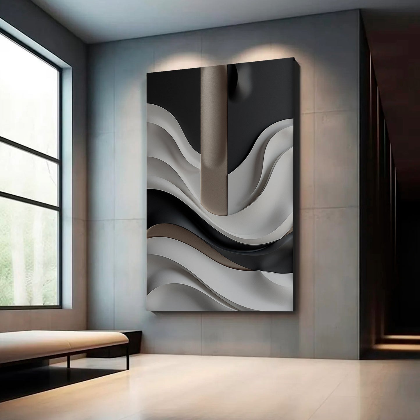 Beige, black and brown wall sculptures, 3D wooden wall art, simple wall-hung home decoration.