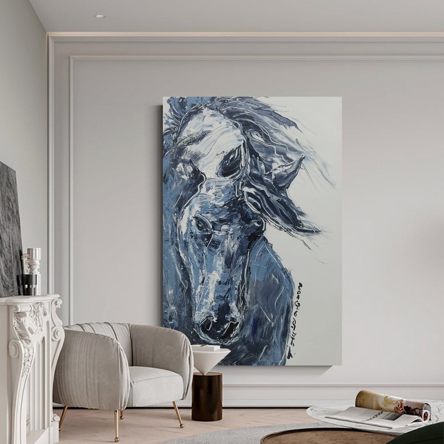 Blue steed wall art, hand-painted oil painting