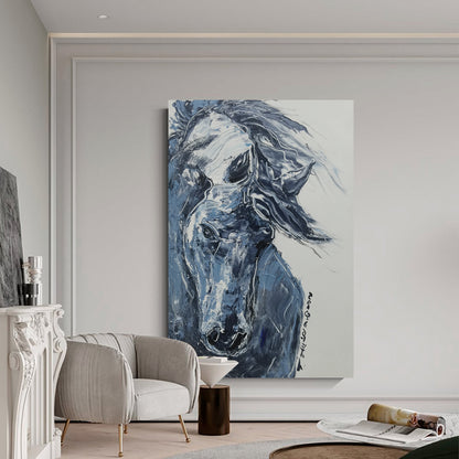 Blue steed wall art, hand-painted oil painting