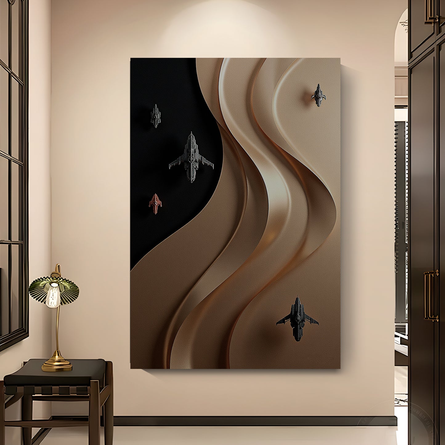 Black and brown wall sculpture, 3D wooden wall art, simple wall decoration.