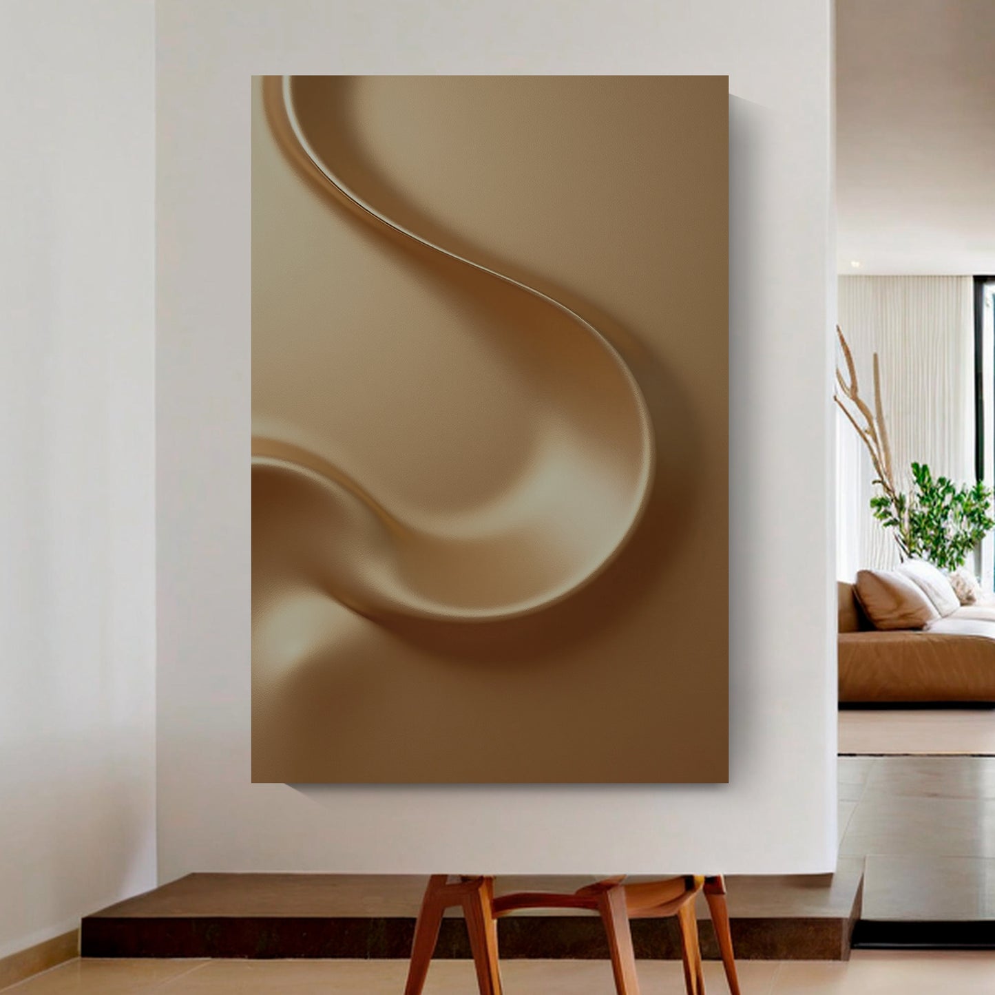 Light brown wall sculpture, 3D wooden wall art, simple wall-mounted home decoration.