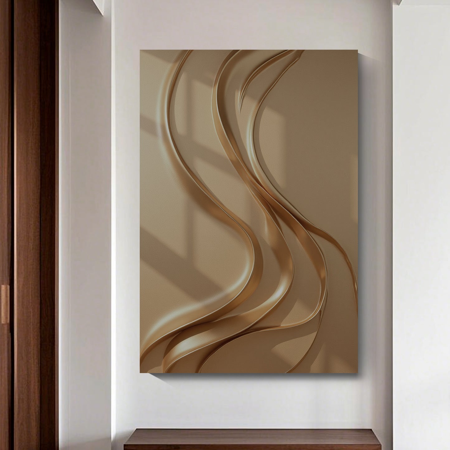 Light brown wall sculpture, 3D wooden wall art, simple wall-mounted home decoration.