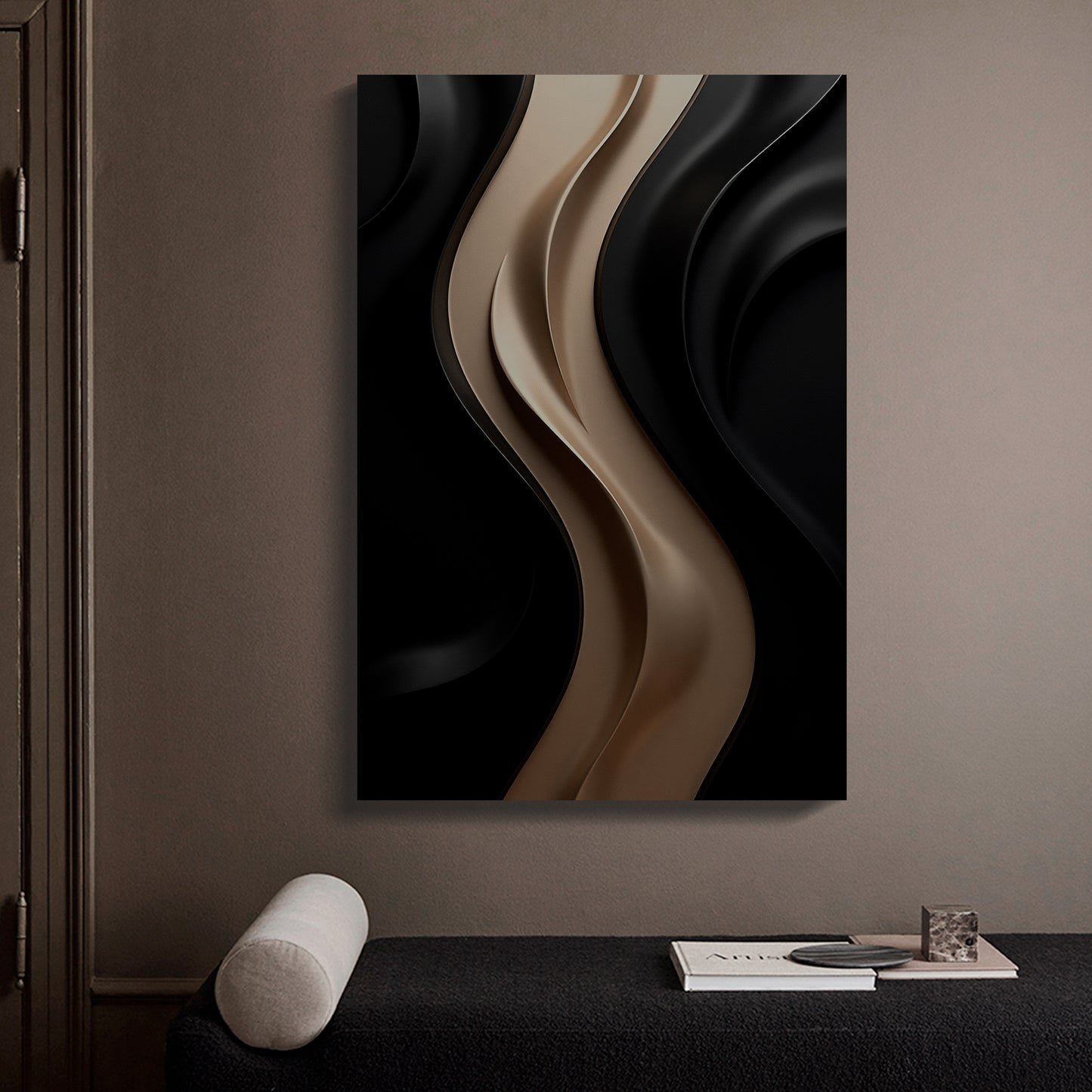 Black and brown wall sculpture, 3D wooden wall art, simple wall decoration.