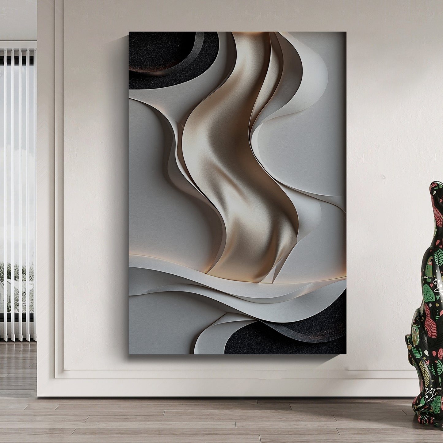 Beige, black and brown wall sculptures, 3D wooden wall art, simple wall-hung home decoration.