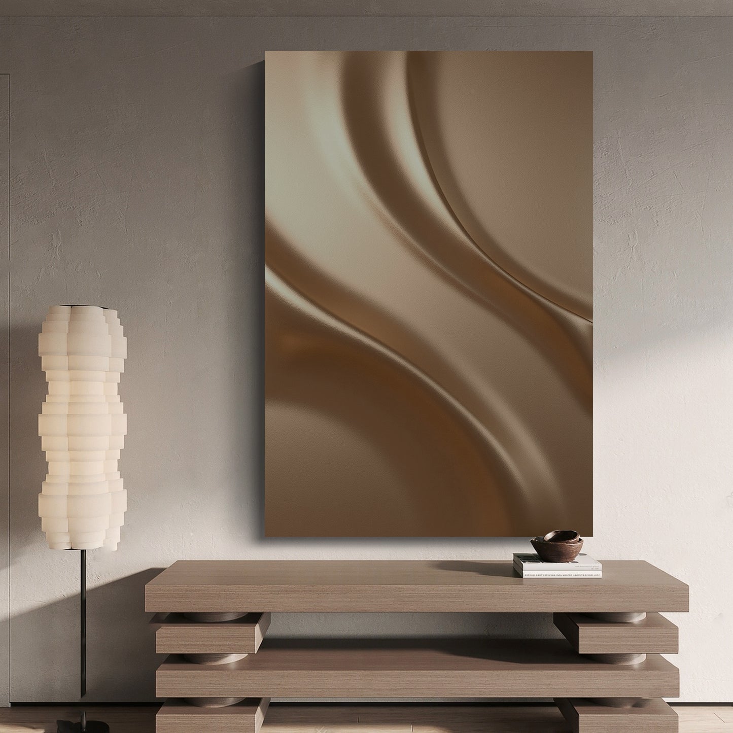 Light brown wall sculpture, 3D wooden wall art, simple wall-mounted home decoration.