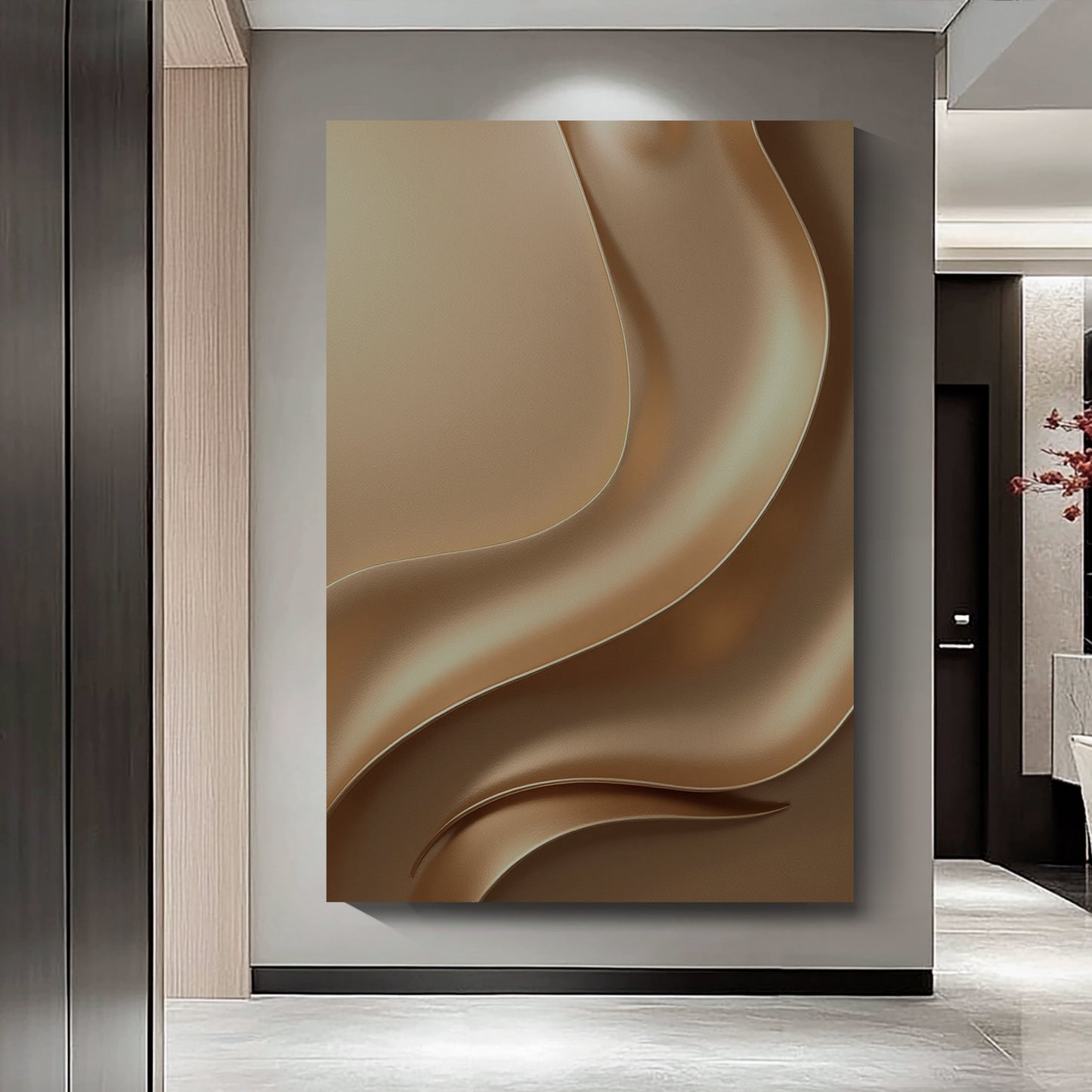 Light brown wall sculpture, 3D wooden wall art, simple wall-mounted home decoration.